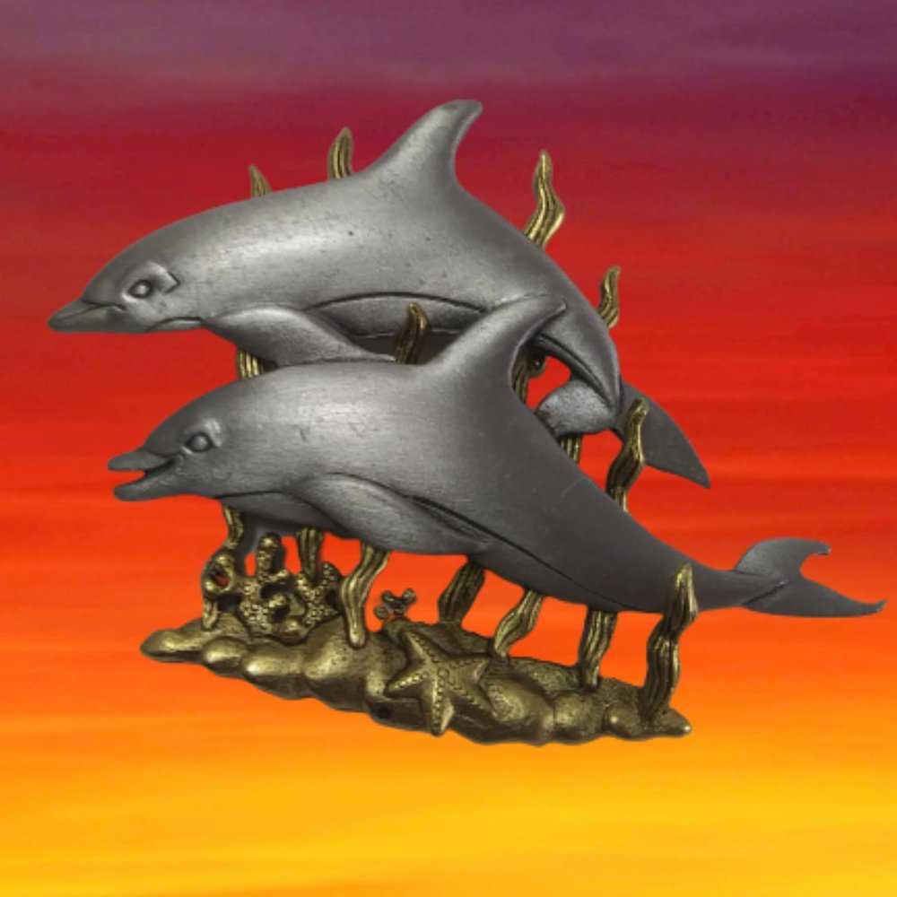JJ Pewter 2 dolphins brooch two tone colors